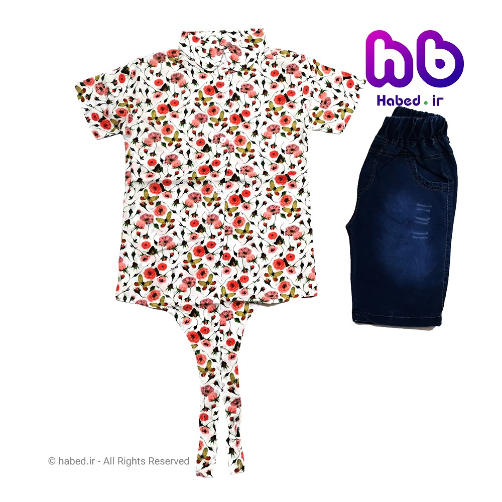 شومیز  شلوارک دخترانه گلدار پایین گره ایرانی جنس نخی و شلوارک جین کد 1054