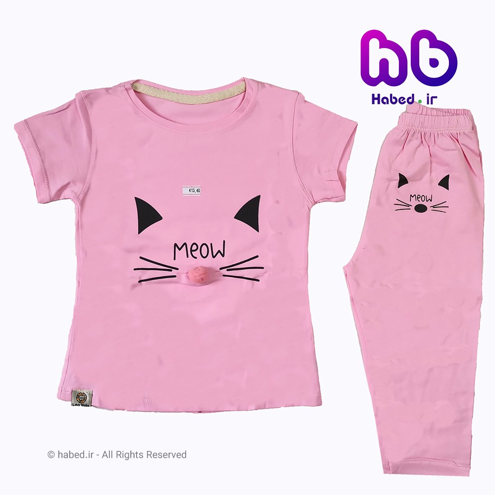 تیشرت شلوارک دخترانه ایرانی طرح گربه جنس پنبه دورو درجه یک کد 1095