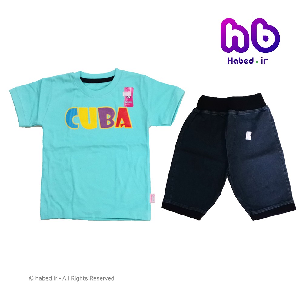 تیشرت شلوارک پسرانه ایرانی طرح Cuba جنس پنبه دورو شلوارک جین کد 1103