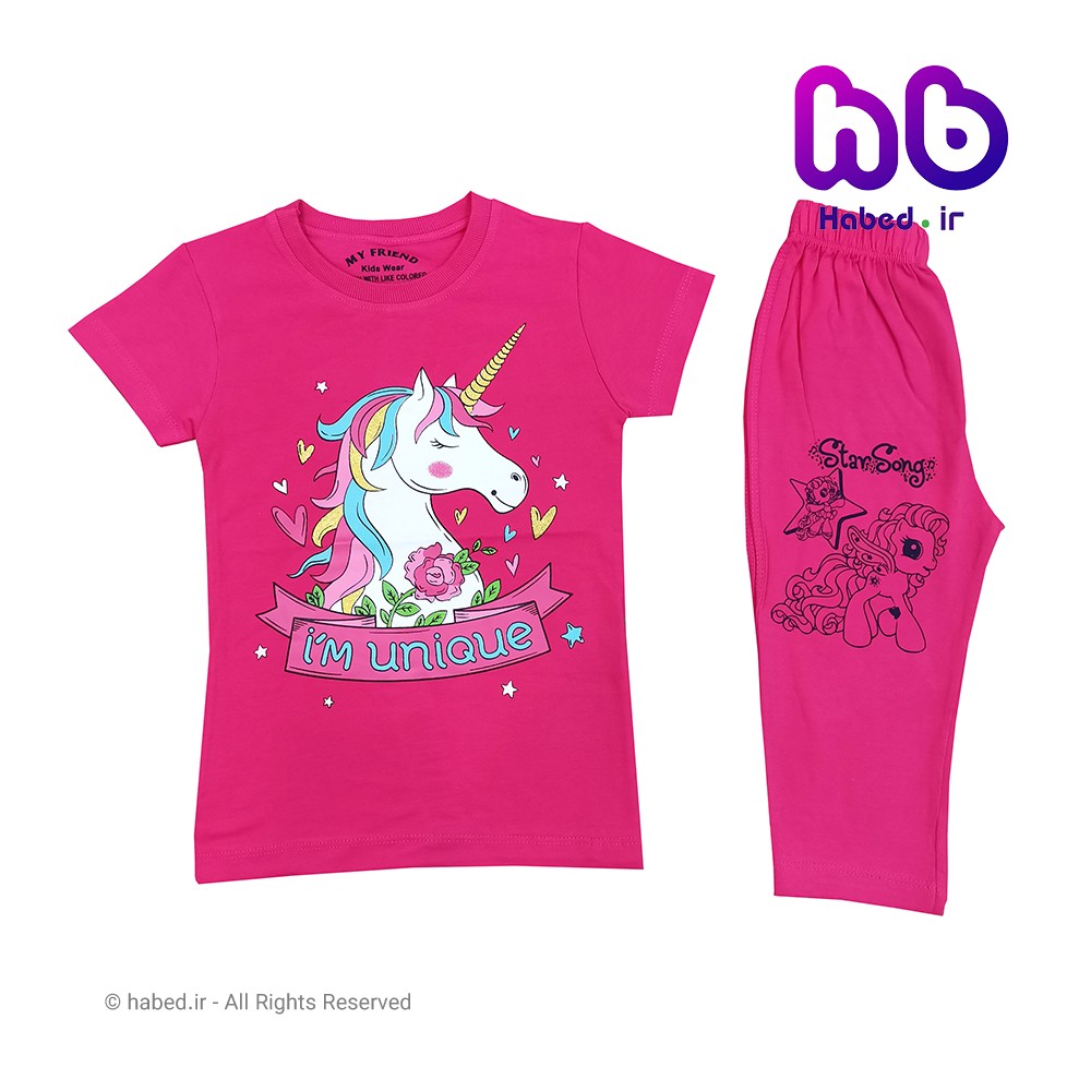 ست تیشرت شلوارک جدید بچگانه دخترانه شیک و خاص طرح اسب شاخدار جنس پنبه دورو تضمینی کد 1643