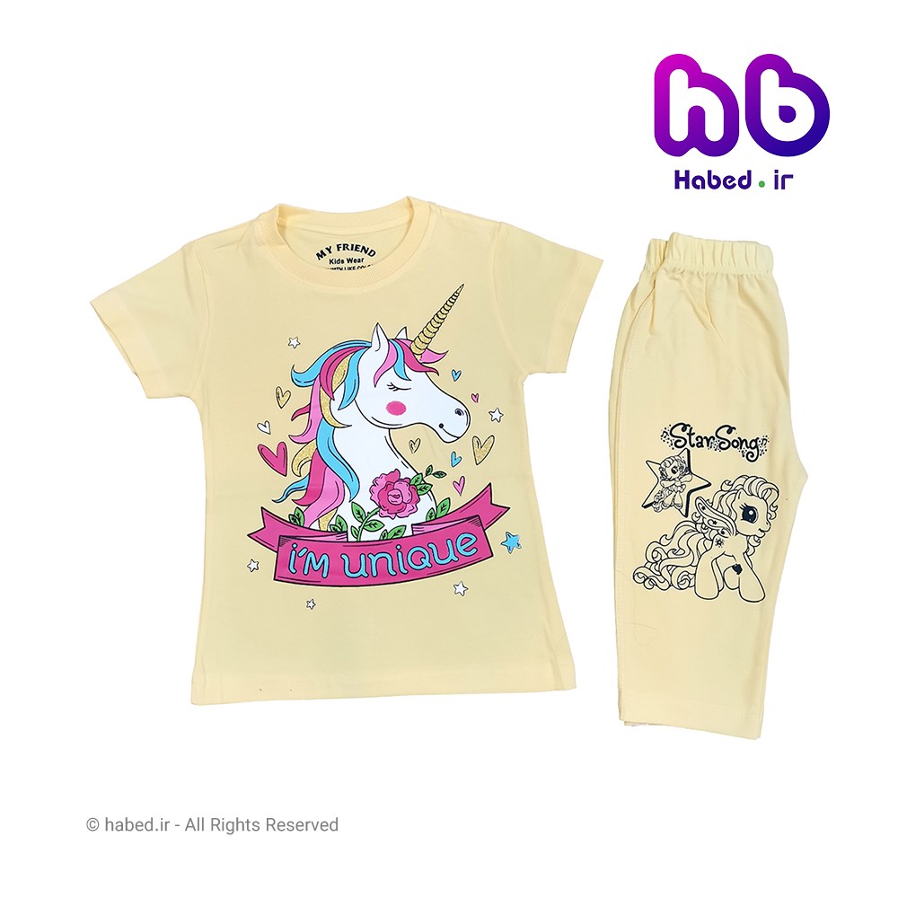 ست تیشرت شلوارک جدید بچگانه دخترانه شیک و خاص طرح اسب شاخدار جنس پنبه دورو تضمینی کد 1644
