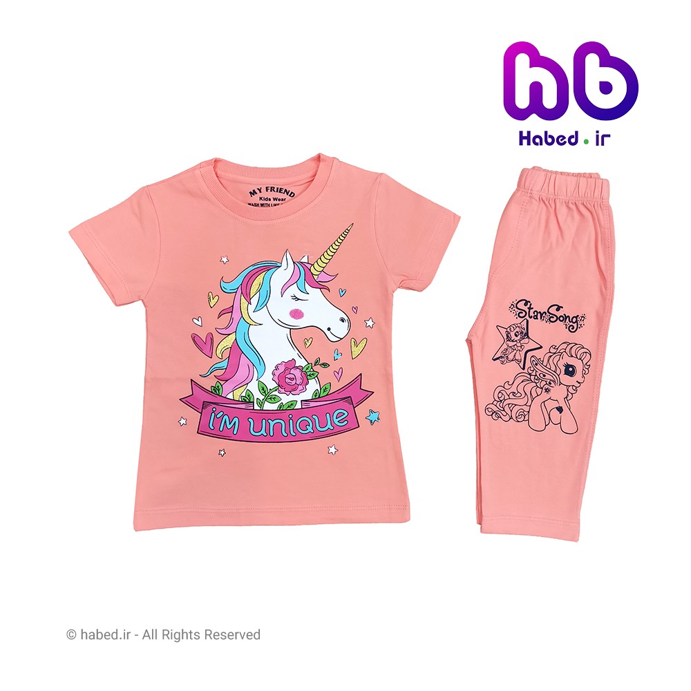 ست تیشرت شلوارک جدید بچگانه دخترانه شیک و خاص طرح اسب شاخدار جنس پنبه دورو تضمینی کد 1645