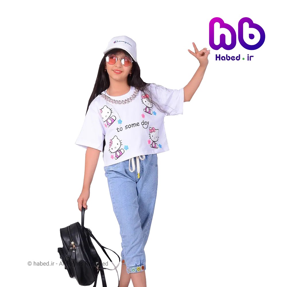 کراپ تک جدید بچگانه دخترانه شیک گردنبند دار طرح کیتی جنس پنبه تضمینی کد 1650