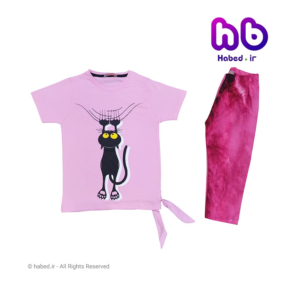 ست تیشرت و شلوارک جدید بچگانه ( دخترانه ) طرح گربه جنس پنبه دورو تضمینی کد 1659