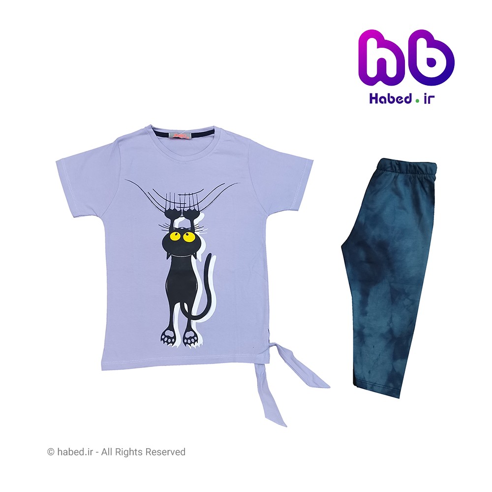 ست تیشرت و شلوارک جدید بچگانه ( دخترانه ) طرح گربه جنس پنبه دورو تضمینی کد 1662