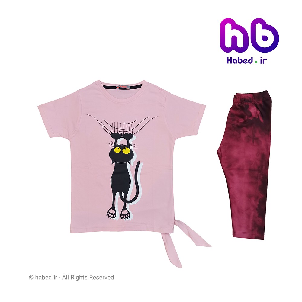 ست تیشرت و شلوارک جدید بچگانه ( دخترانه ) طرح گربه جنس پنبه دورو تضمینی کد 1663
