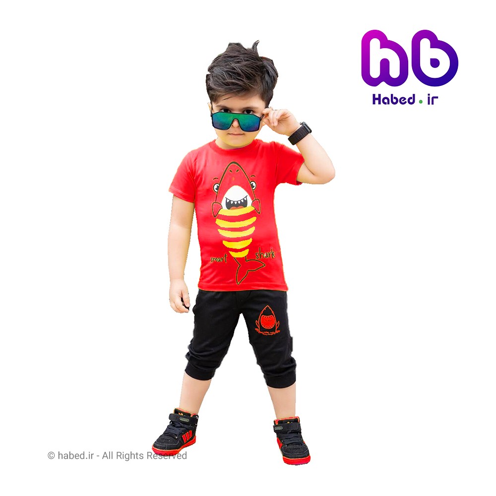 ست تیشرت و شلوارک جدید بچگانه پسرانه شیک جنس پنبه دورو تضمینی طرح کوسه کد 1682