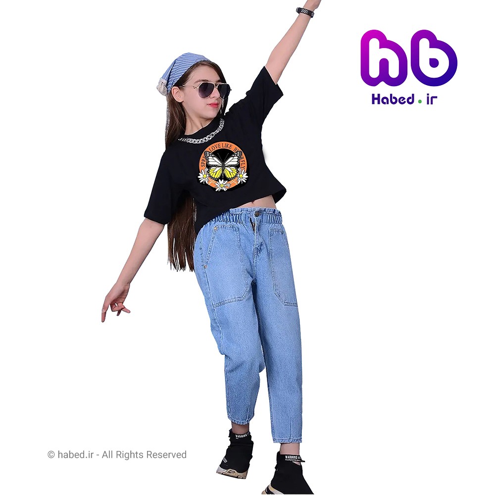 کراپ تک دخترانه جدید مشکی شیک گردن بند دار جنس پنبه چاپ زول تضمینی کد 1716