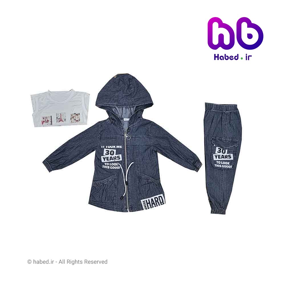 ست سه تکه هودی (بلوز) و تاپ و شلوار جین جلو زیپ دار بچگانه دخترانه جنس تضمینی کد 1806
