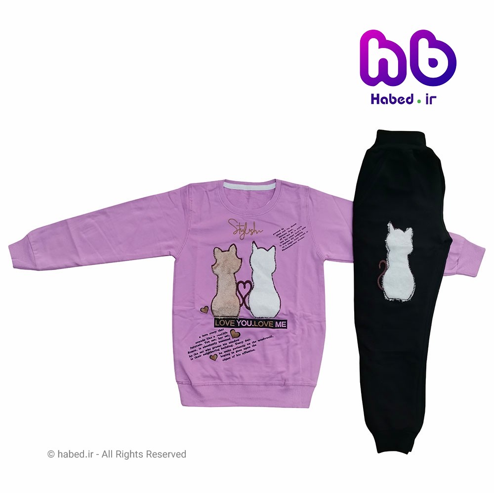 بلوز شلوار جدید شیک بچگانه اسپرت دخترانه جنس دورس طرح گربه کد 2036