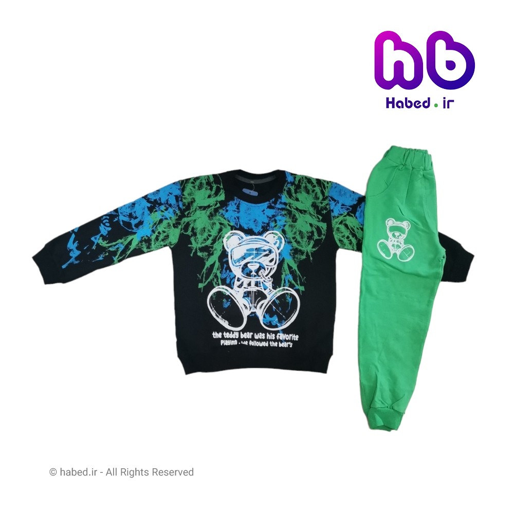 بلوز شلوار جدید شیک بچگانه اسپرت دخترانه جنس دورس طرح خرس تدی کد 2392