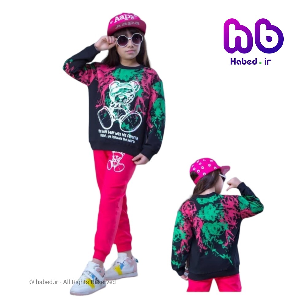بلوز شلوار جدید شیک بچگانه اسپرت دخترانه جنس دورس طرح خرس تدی کد 2391