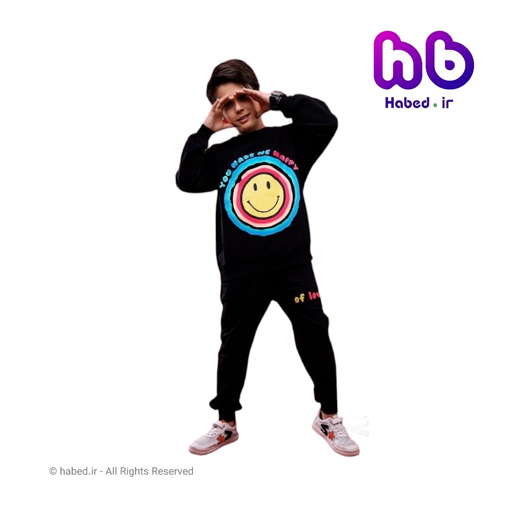 بلوز شلوار جدید شیک بچگانه پسرانه و دخترانه جنس دورس پنبه دو نخ لاکرا طرح استیکر کد 2633