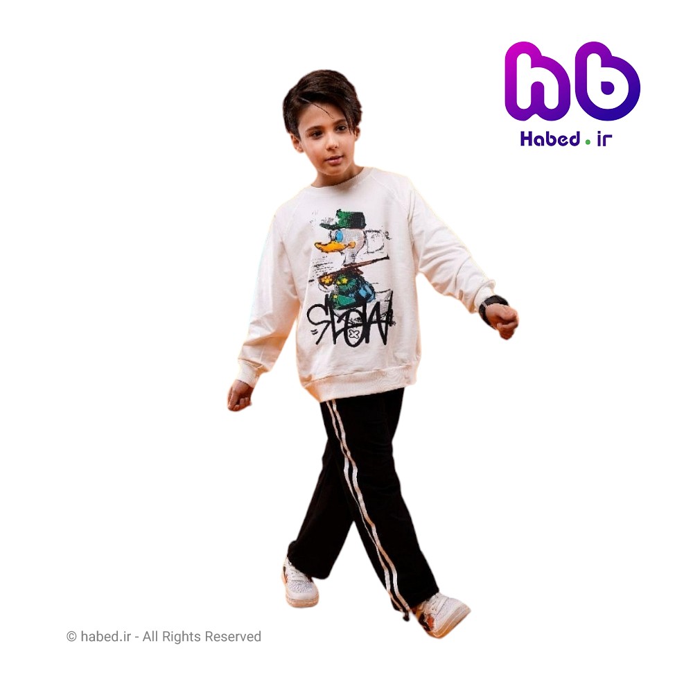 بلوز شلوار جدید شیک بچگانه پسرانه و دخترانه جنس دورس پنبه دو نخ لاکرا طرح اردک کد 2629